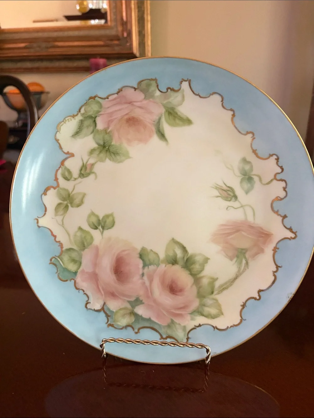 Vintage Hand-Painted Pink Rose Decorative Plate with Blue Border 10”